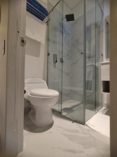 a bathroom with a toilet and a glass shower at Patty del Mar Suites in Santa Marta