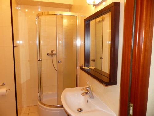 un baño con ducha y lavabo en Apartament 10 Poranek - Pod Aniołem, en Kazimierz Dolny
