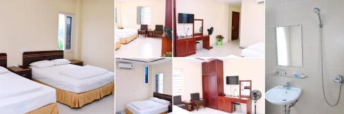 a collage of four pictures of a hotel room at Lao Cai Sun Hotel in Cốc Lếu