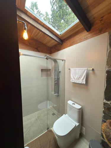 a bathroom with a shower and a toilet with a glass door at Casa Campestre Los Nevados Patio Bonito in Estación El Salto