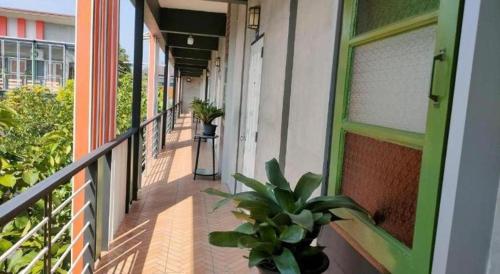 a balcony with a potted plant on a building at Kidthuengpark in Si Racha