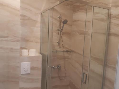 a shower with a glass door in a bathroom at Wendy in Budva