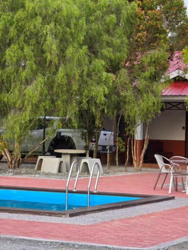a pool with two chairs and a table and trees at D Tasek Homestay Lenggong 
