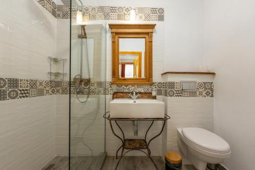 a bathroom with a sink and a toilet and a shower at An der Holztreppe in Sighişoara