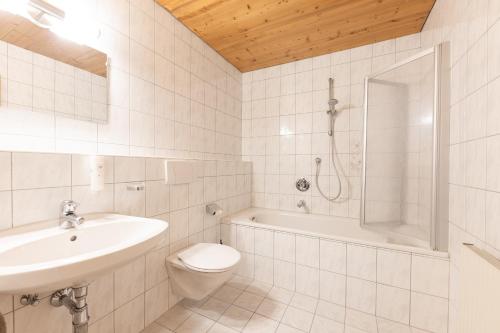 Un baño con lavabo, inodoro y ducha. en Hotel Christoph, en Neustift im Stubaital