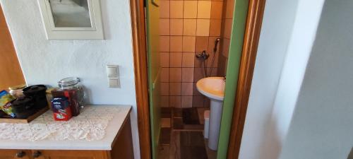 a small bathroom with a sink and a shower at koule Tasoula in Monemvasia