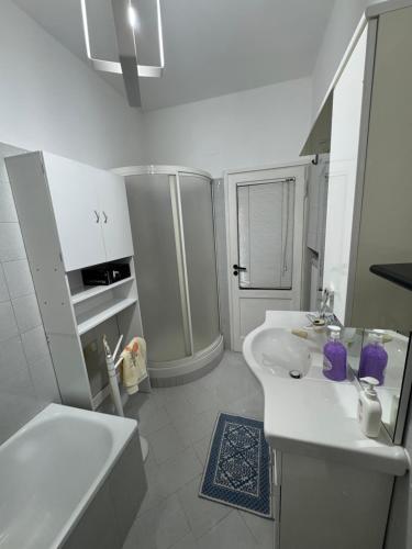 a white bathroom with a sink and a shower at Alloggio Turistico Marin Valley in Fondi