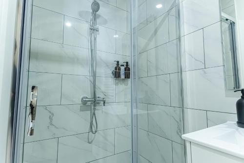 a bathroom with a shower with a glass door at Elegant 3BR & 1LR Waterfront Retreat in Ghent in Ghent