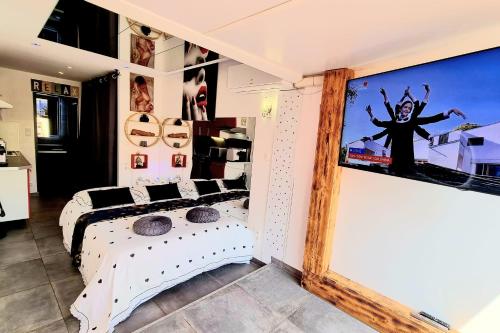 une chambre avec un lit et une télévision au mur dans l'établissement Naturiste Cap d'Agde Phantasme Naturiste Port Nature 314, au Cap d'Agde