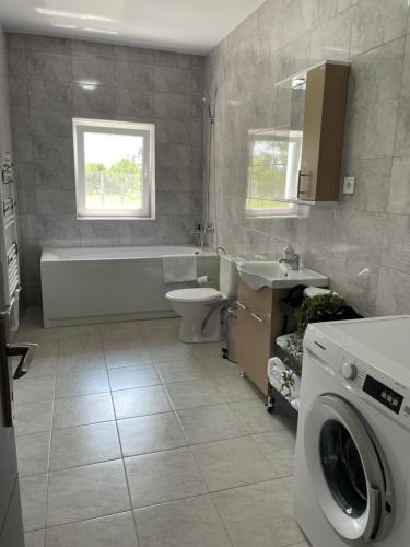 a bathroom with a tub sink and a washing machine at Casa Din Deal in Huşi