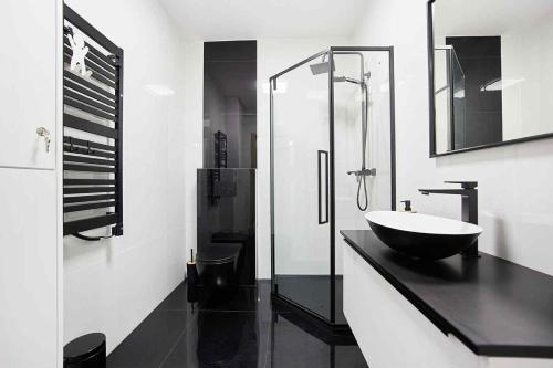 y baño blanco y negro con lavabo y ducha. en Apartamenty Skalista Ostoja Beskidy 3, en Szczyrk