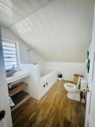a white bathroom with a toilet and a sink at Villa Hana'iki in Paui