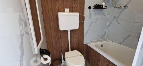 a bathroom with a white toilet and a sink at Vikendica Iris in Laktaši