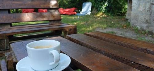 a cup of coffee sitting on a wooden bench at Karádi-Berger Vendégház in Erdőbénye