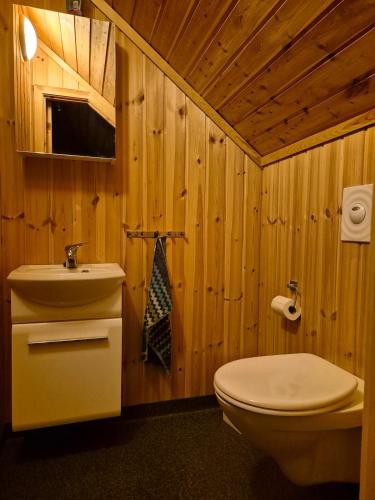a wooden bathroom with a toilet and a sink at Roligheten hytte in Farsund