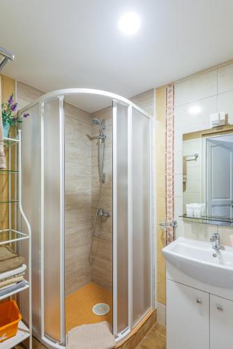 a bathroom with a shower and a white sink at Vila Romantika in Palanga