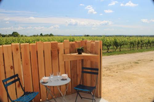 a table and two chairs and a fence with a vineyard at Gîte Le Saint Martin 1 - 4 pers. in Blaslay