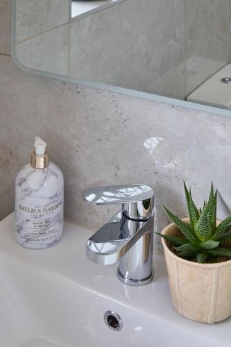 a bathroom sink with a bottle of soap and a plant at Cosy Nook - 3 Bedroom Retreat with Private Garden, Parking and Media Wall in Belle Isle