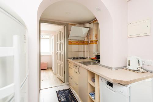a small kitchen with a sink and a counter at Vila Romantika in Palanga