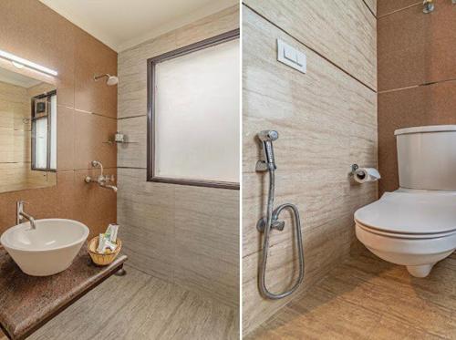 two pictures of a bathroom with a toilet and a sink at Hotel Imperial Park Sector 45 in Gurgaon