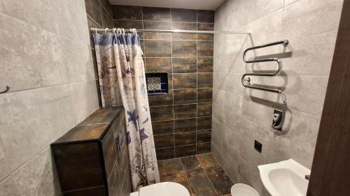 a bathroom with a shower and a toilet and a sink at Edelweiss Vila Šventoji in Šventoji