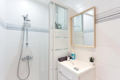 une salle de bain avec une douche, un lavabo et un miroir dans l'établissement Appartement très cosy quartier Notre-Dame, Panthéon, Saint-Germain-des-Prés, à Paris