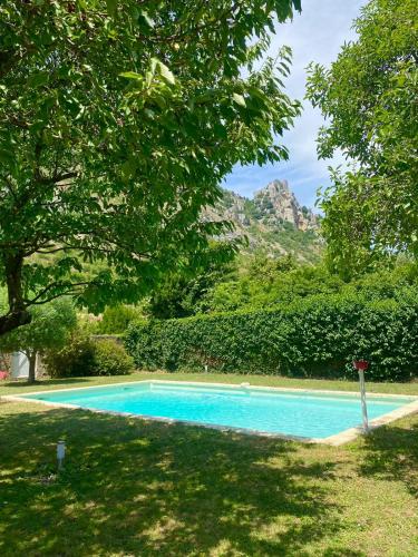 une piscine bleue dans une cour arborée dans l'établissement leGuilherand, à Guilherand
