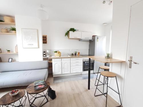 un salon avec un canapé et une cuisine dans l'établissement Lapostolle, proche centre, 3 chambres, 2 salles de bain, à Amiens