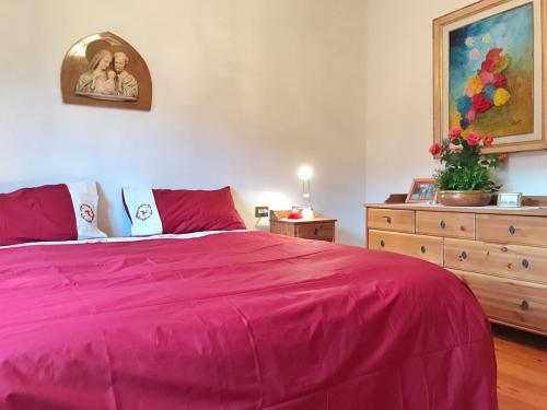 a bedroom with a large pink bed and a dresser at Ciasa Marian 10 minutes from Cortina with free parking! in Borca di Cadore