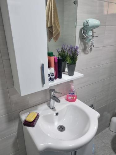 a bathroom with a white sink and a mirror at Apartmani Podvisoki in Visoko