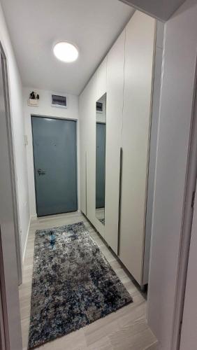a hallway with a large door and a mirror at Modern Studio Craiova in Craiova