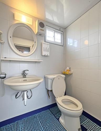 a bathroom with a toilet and a sink and a mirror at 舞浪海景旅店 in Xiaoliuqiu