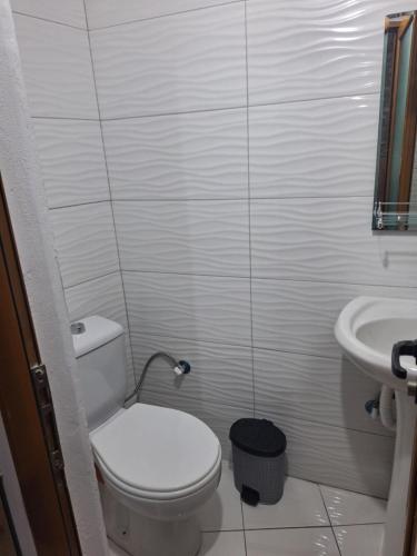a small bathroom with a toilet and a sink at KAFUL APARTMENTS in Qeparo