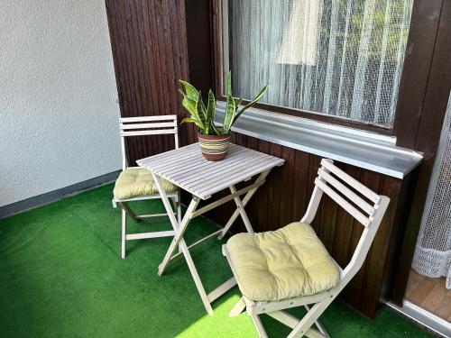 a table and two chairs and a plant on a balcony at Herbstliche Auszeit für Familien und Paare - Ferienhaus Albmatte in Feldbergnähe - direkt neben dem Radon Revitalbad mit Sauna und Therme in St. Blasien