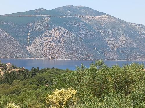 a large body of water with a mountain in the background at OLiVE HOUSE in Vathi, Ithaka
