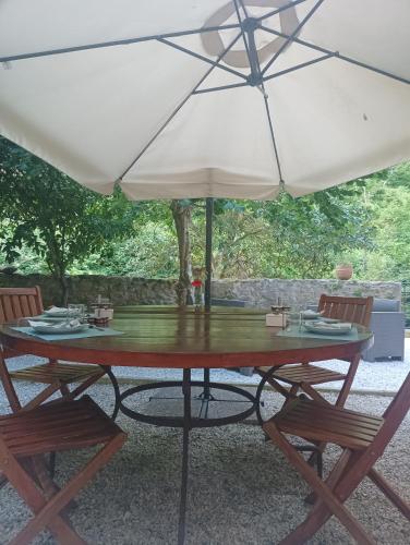 a table with two chairs and an umbrella at Dimora Carducci in Pietrasanta
