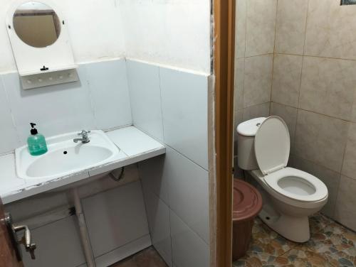 a white bathroom with a toilet and a sink at Villa Ndelik Ijen in Kalibendo