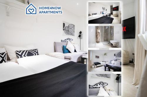a collage of photos of a bedroom with a bed and a living room at 1 BR Studio - Zentral - Wifi - Kaffee - Netflix in Rüdesheim am Rhein