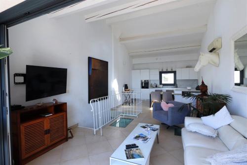 un salon avec un canapé et une télévision dans l'établissement Duplex sur le port, 17m2 de terrasse, clim,parking, à Bandol