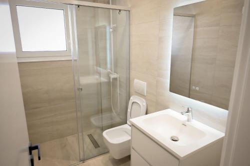 a bathroom with a shower and a toilet and a sink at Vila Venezia in Shëngjin