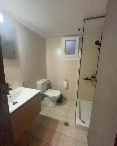 a bathroom with a toilet and a sink and a shower at Katofli Holiday Home in Triovasálos