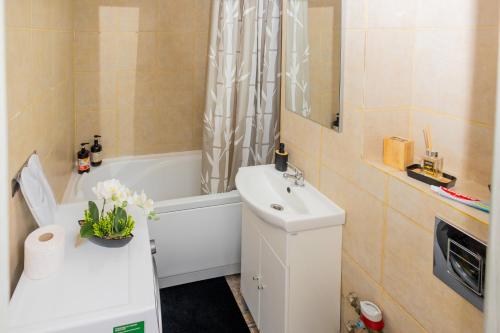 a bathroom with a white sink and a bath tub at Urban Escape Arad in Arad