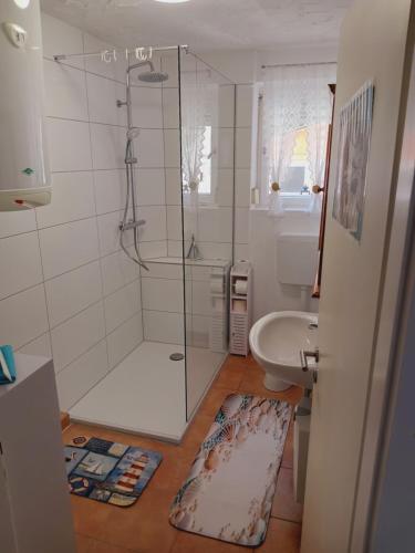 迪森阿姆阿梅尔塞Ferienwohnung Dießen Bierdorf EG的浴室配有淋浴和洗手池