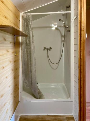 a shower in a bathroom with a shower stall at Kazikówka - Domki letniskowe w Solinie in Solina