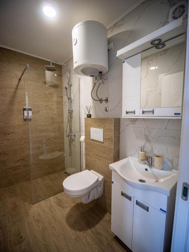 a bathroom with a toilet and a sink and a shower at Apartman Lakers in Ostrovo