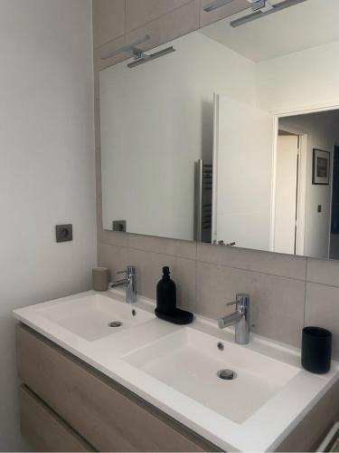 une salle de bain avec un lavabo blanc et un miroir dans l'établissement Maison confortable et cosy, à Clapiers