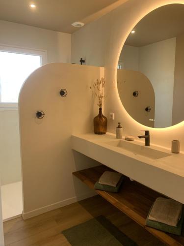 a bathroom with a sink and a mirror at Gîte Au Cœur des Châteaux in Cheverny