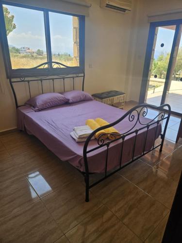 a bedroom with a bed with purple sheets and a window at Kallithea Villa in Kato Yialia