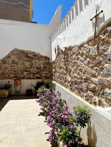 a courtyard with pink flowers and a stone wall at Il Maestralino, nice apartment with courtyard in Calasetta