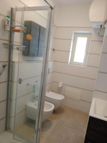a bathroom with a toilet and a glass shower at Il Maestralino, nice apartment with courtyard in Calasetta